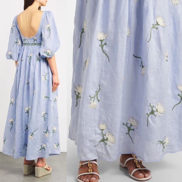 Agua by Agua Bendita Viviane Soledad Embroidered‎ Blue Linen Floral Maxi Dress S - Picture 15 of 16